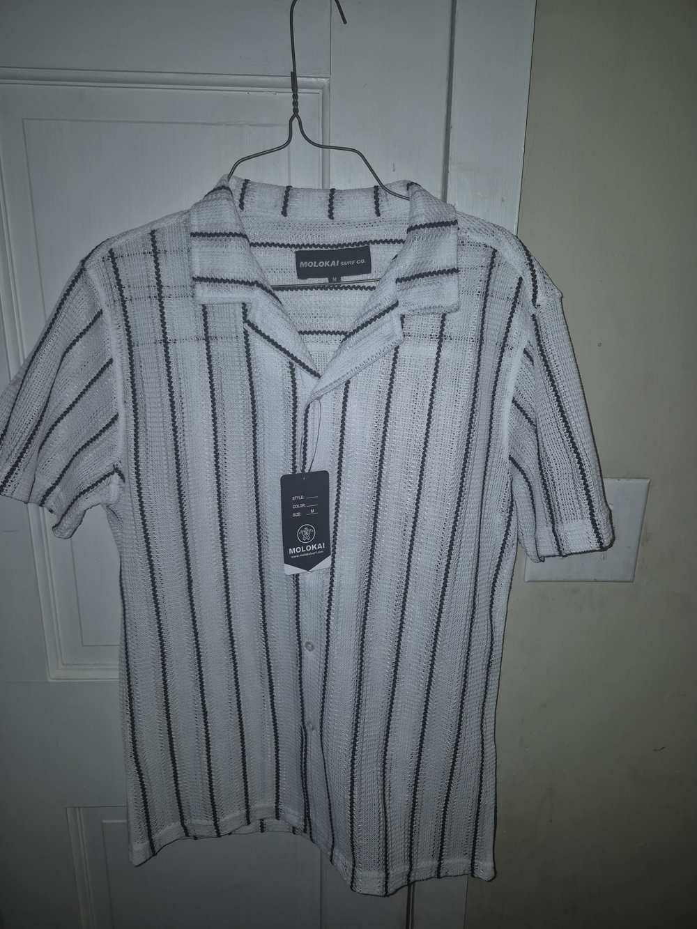 Lokai Men’s White Short-Sleeve Button Shirt with Black Vertical Stripes